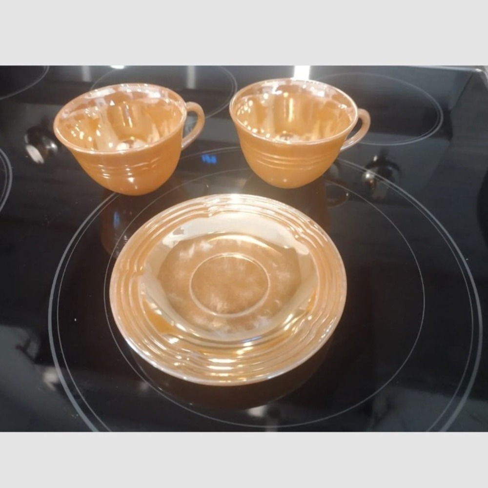 VINTAGE Fire King Peach Luster Ware 2 Cups & 1 Saucer set